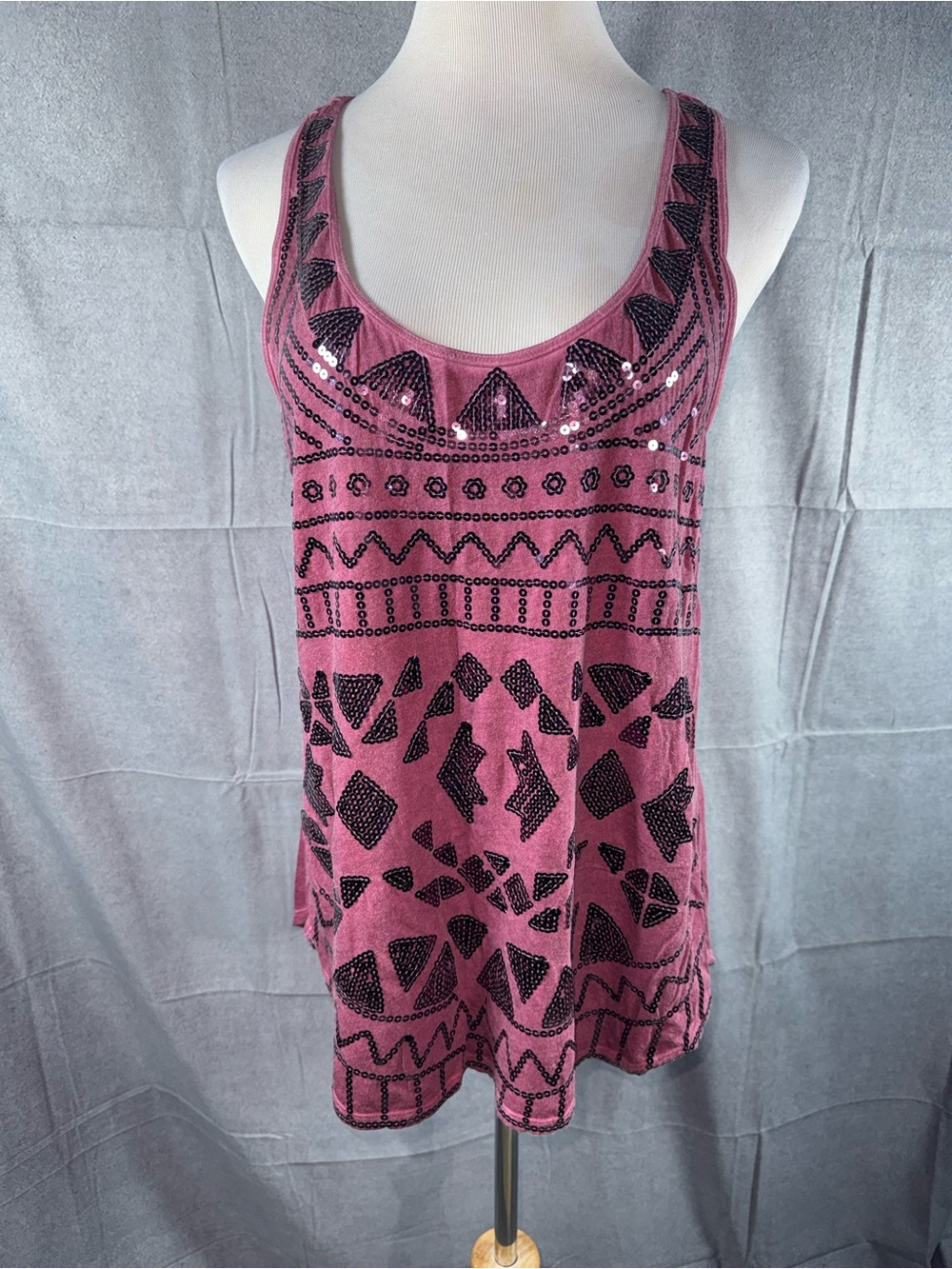 2513-Express Pink Tank Top with Black Sequin Geometric Design